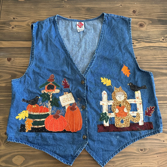 KG Sportswear Jackets & Blazers - KG Sportswear Denim Vest Fall Harvest Pumpkin Appliqué One Size Handmade